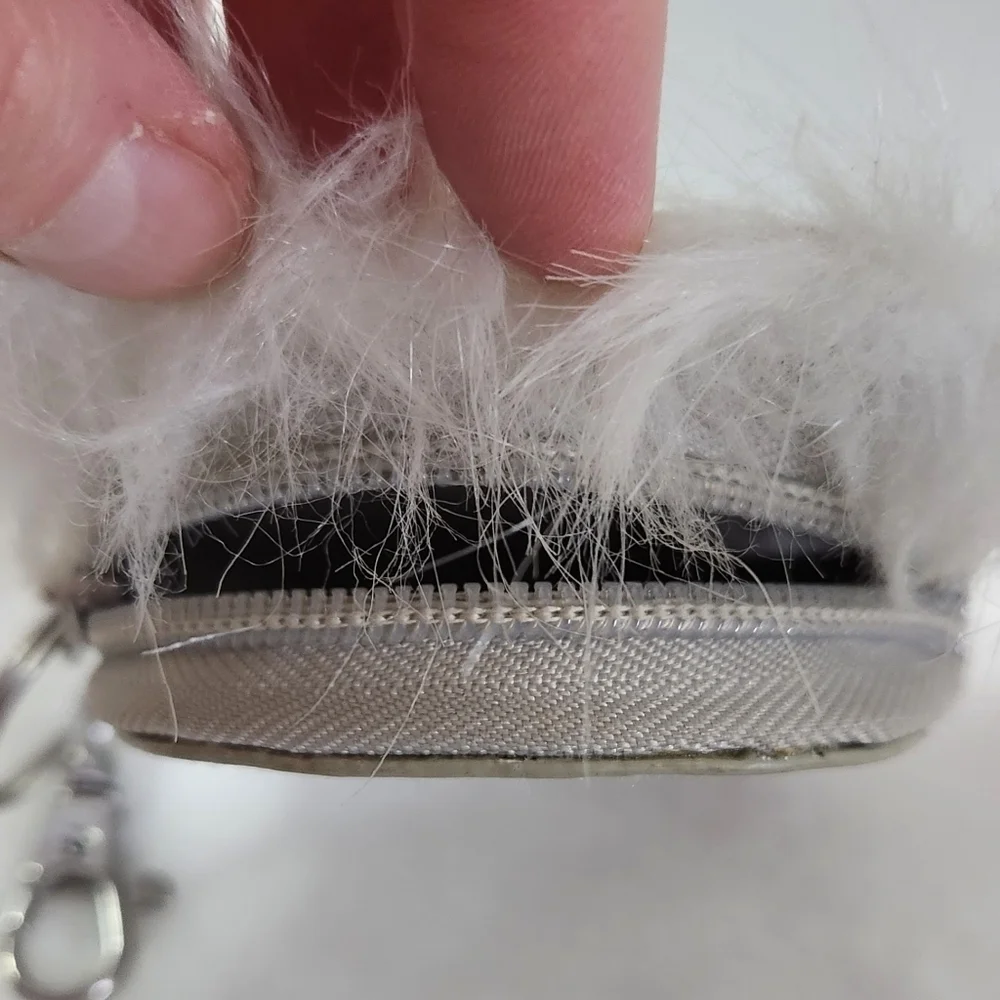 Target Owl Faux Leather Fur Trim White Silver Glitter Coin Purse Keychain NWOT